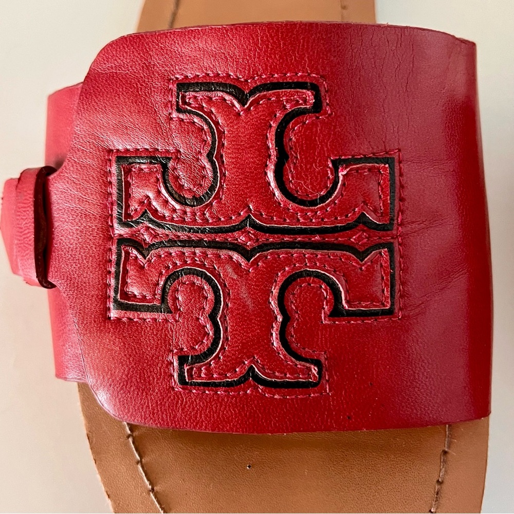 Tory Burch Ines Brilliant Red Leather Slide Sandals Size 38 Excellent Condition - Picture 5 of 8